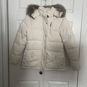 L-RL Ralph Lauren Puffer Jacket Women M Beige Faux Fur Hood Y2K Full Zip Coat